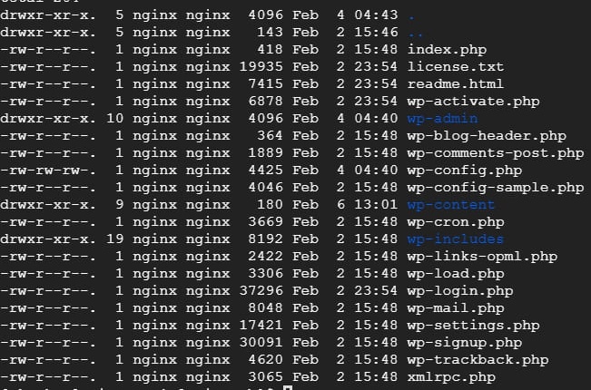 Linux 終端機檢查 WordPress 目錄檔案擁有者與權限畫面