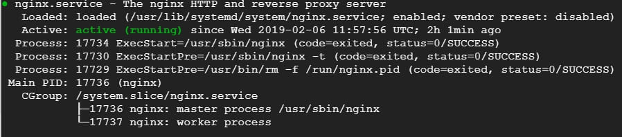 CentOS 7 執行 systemctl status nginx 檢查服務運行狀態的終端機輸出