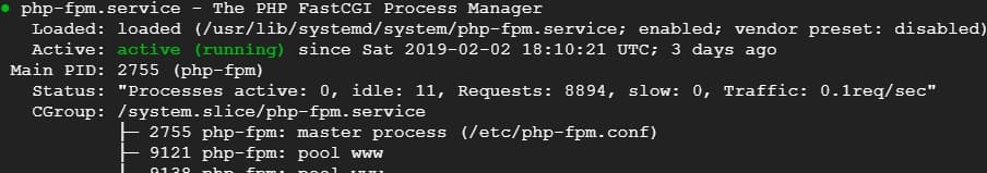 CentOS 7 執行 systemctl status php-fpm 檢查服務運行狀態的終端機輸出