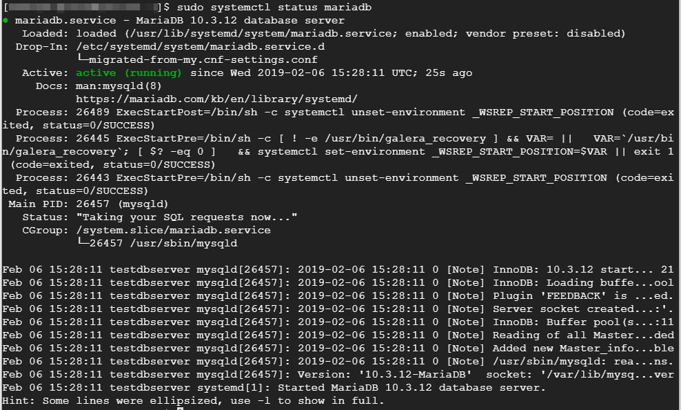 CentOS 7 執行 systemctl status mariadb 檢查資料庫服務狀態的終端機輸出