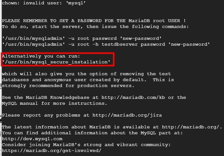 MariaDB 安裝完成後提示執行安全設定指令的終端機畫面