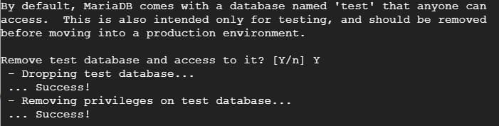 終端機提示是否移除 test 測試資料庫與權限的畫面