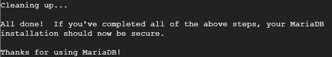 MariaDB 執行 mysql_secure_installation 安全初始化完成的終端機畫面