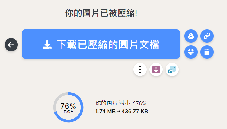 iLoveIMG 圖片壓縮完成介面與下載已壓縮檔案按鈕