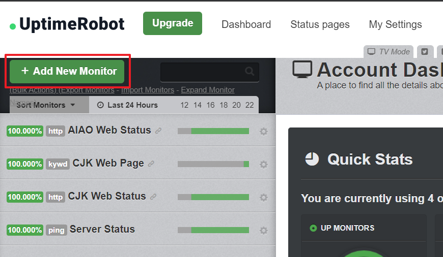 UptimeRobot 控制台點擊左上角新增監控項目(Add New Monitor)畫面