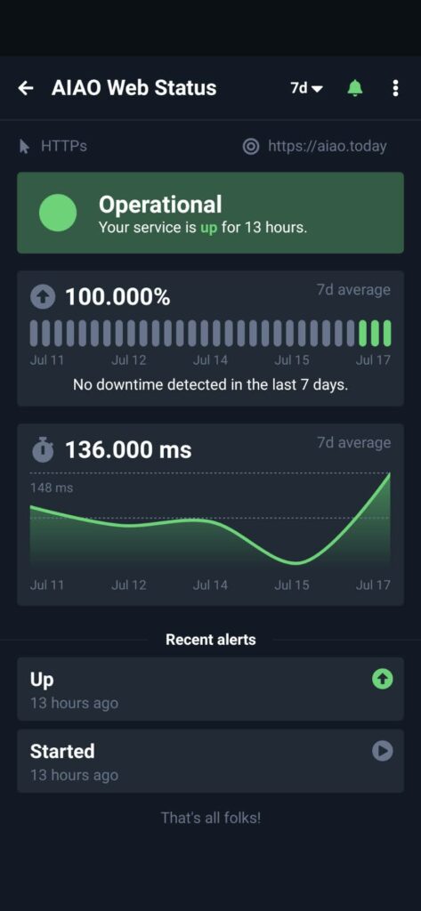 UptimeRobot 手機 App 推播接收網站服務恢復正常連線通知畫面