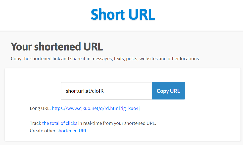 Shorturl 網站產出縮短後短網址的結果畫面