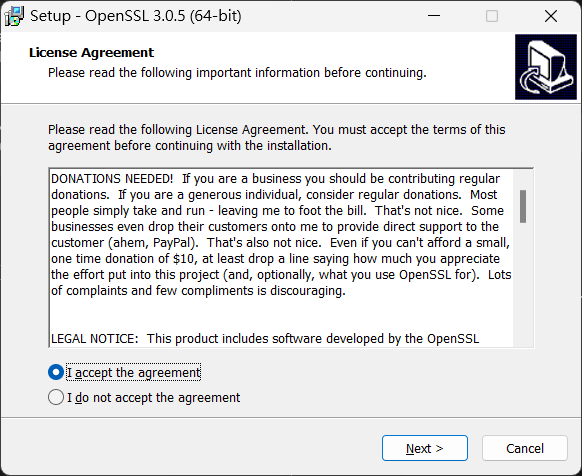 OpenSSL 安裝精靈指定軟體安裝路徑設定視窗