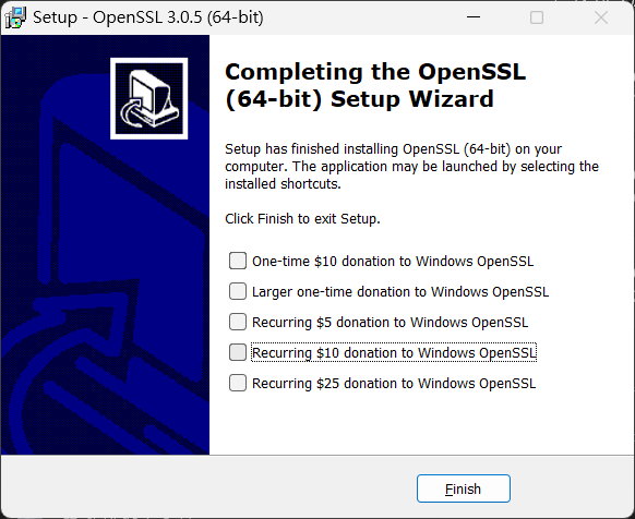 OpenSSL 安裝完成與贊助捐款選項視窗