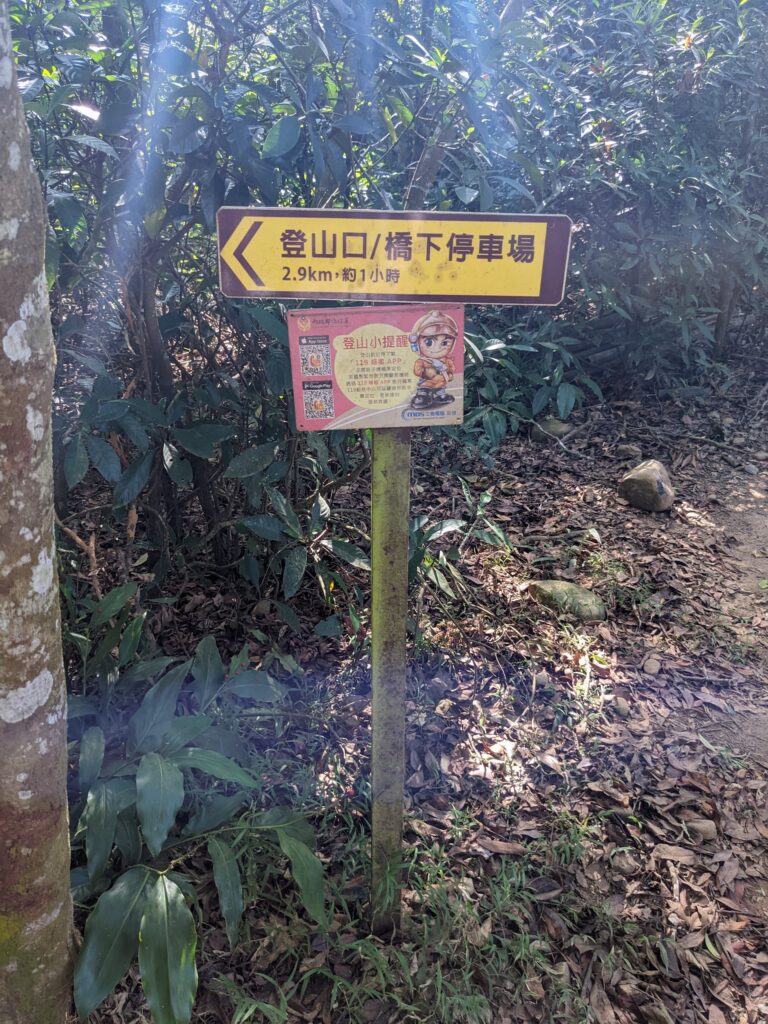 火炎山步道下山路段的木製里程與方向導引指標